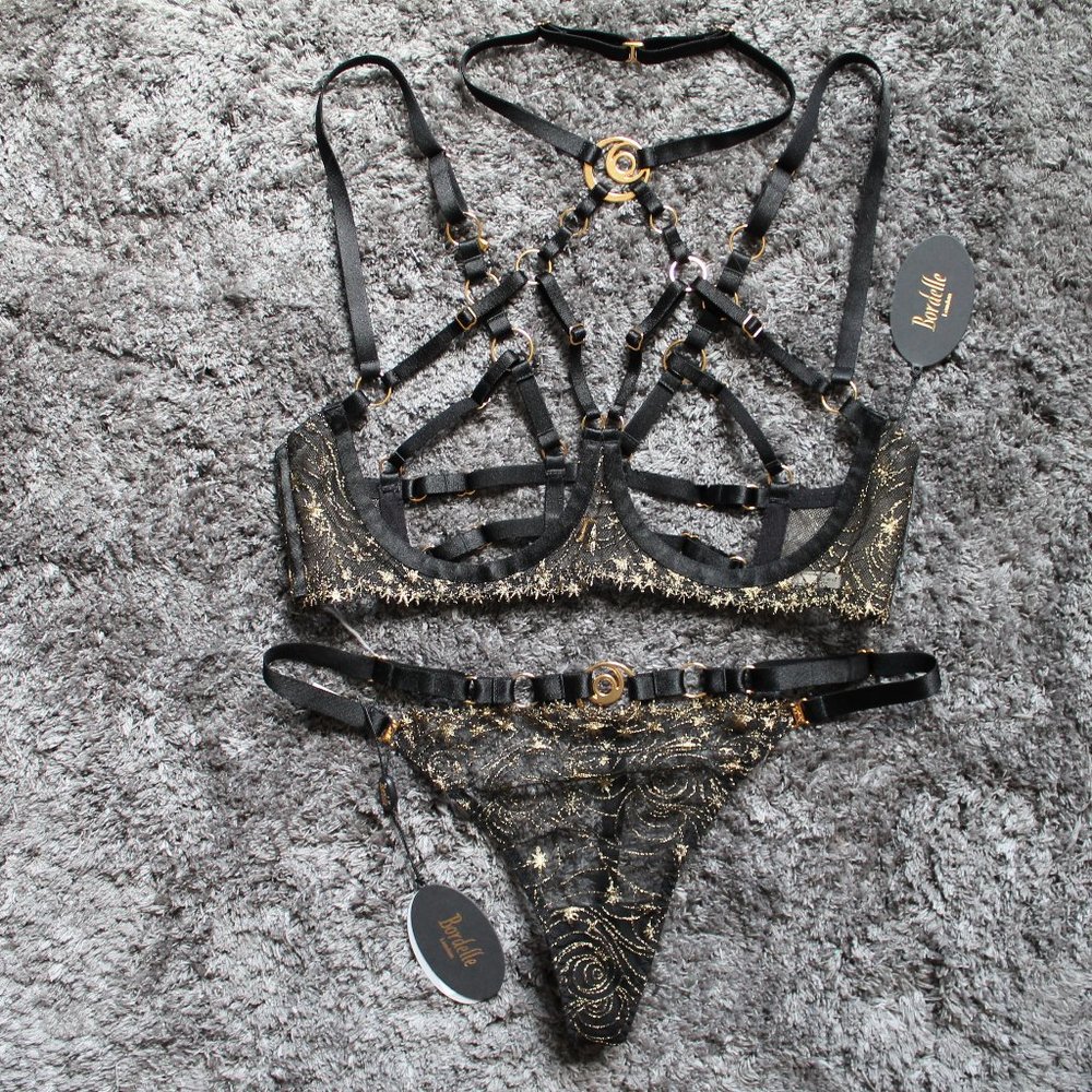 SOLD Bordelle Selene Open Ouvert Wire Bra Thong set Black Gold star embroidery - Picture 2 of 12
